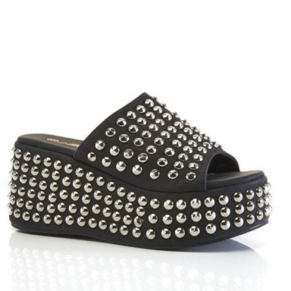 Black Suede Silver Stud Chunky Ultra Platform Wedge Mule Slide In Sandal Heels - Picture 6 of 7